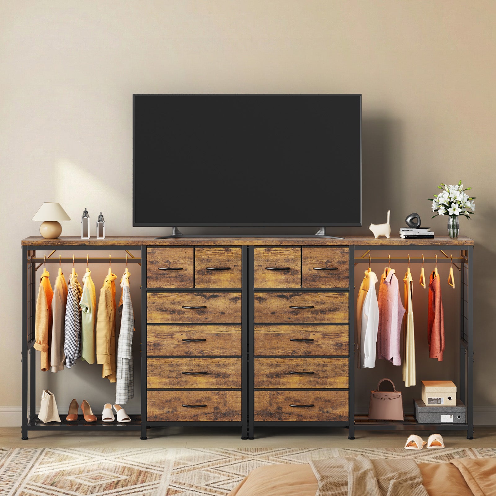 Garvee Multi-Functional 6-Drawer Dresser with Hanging Rail & Open Shelves – Fabric Storage Unit & Metal Frame Closet Organizer for Bedroom – Rustic Brown – 6 Compartments