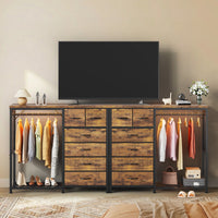 Garvee Multi-Functional 6-Drawer Dresser with Hanging Rail & Open Shelves – Fabric Storage Unit & Metal Frame Closet Organizer for Bedroom – Rustic Brown – 6 Compartments