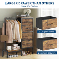 Garvee Multi-Functional 4-Drawer Fabric Dresser Organizer with Hanging Rail & Open Shelf – Metal Frame Wardrobe Storage for Bedroom, Living Room, Entryway – Classic Brown – 4 Compartments Vintage