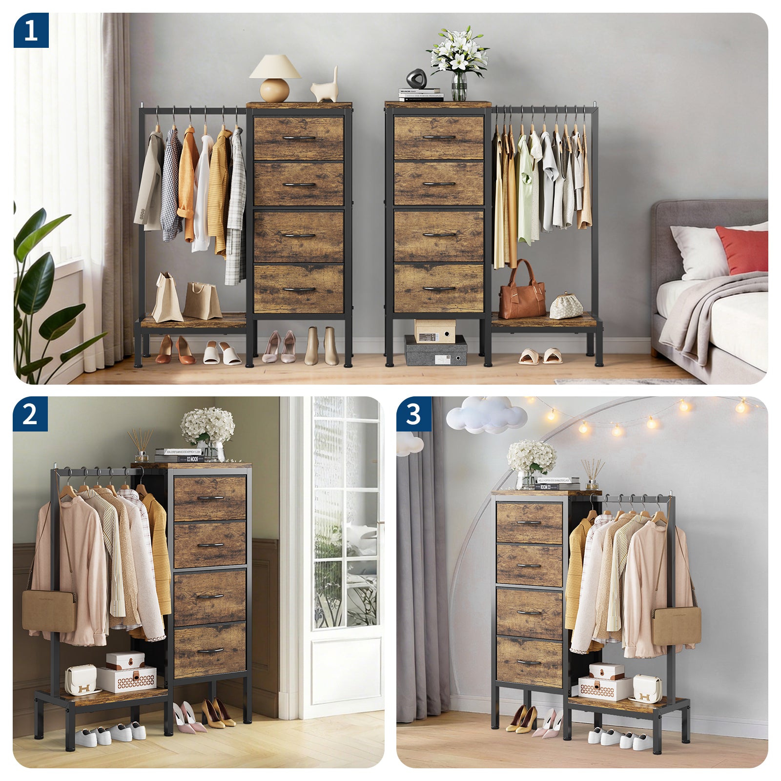 Garvee Multi-Functional 4-Drawer Fabric Dresser Organizer with Hanging Rail & Open Shelf – Metal Frame Wardrobe Storage for Bedroom, Living Room, Entryway – Classic Brown – 4 Compartments Vintage
