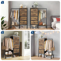 Garvee Multi-Functional 4-Drawer Fabric Dresser Organizer with Hanging Rail & Open Shelf – Metal Frame Wardrobe Storage for Bedroom, Living Room, Entryway – Classic Brown – 4 Compartments Vintage