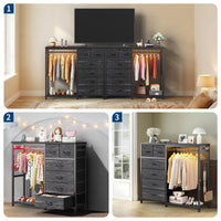 Garvee 6-Drawer Fabric Dresser Organizer with Hanging Rail, Open Shelf, Wooden Top, LED Lights & Charging Station – Metal Frame Closet Storage for Bedroom, Living Room – Grey – 6 Compartments