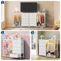 Garvee 6-Drawer Fabric Dresser Organizer with Hanging Rail, Open Shelf, Wooden Top & LED Light – Metal Frame Closet Storage for Bedroom, Entryway – White – 6 Compartments