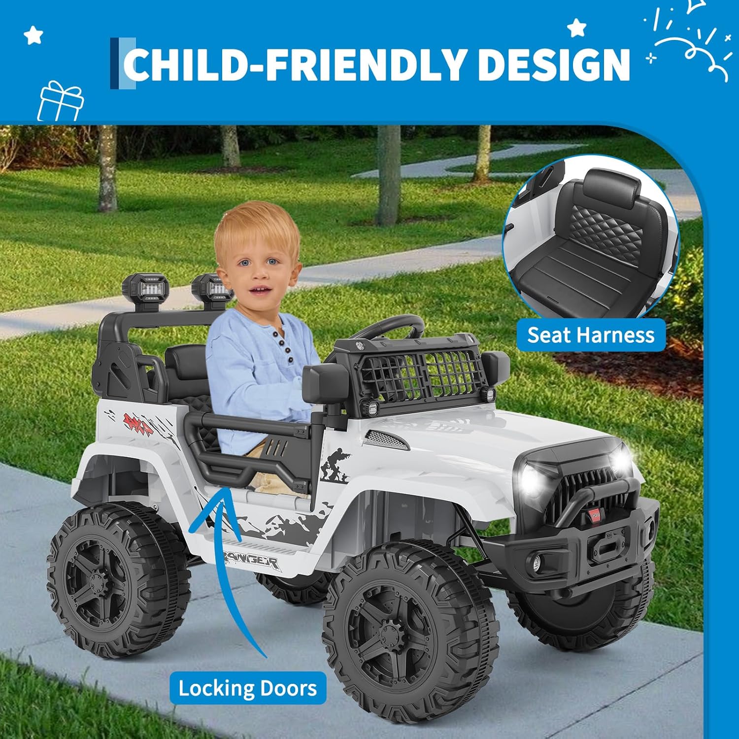 Garvee Ride P Series 12V Kids Electric Vehicles with Remote Control Spring Suspension, LED Lights, Bluetooth, 2 Speeds - Whtie