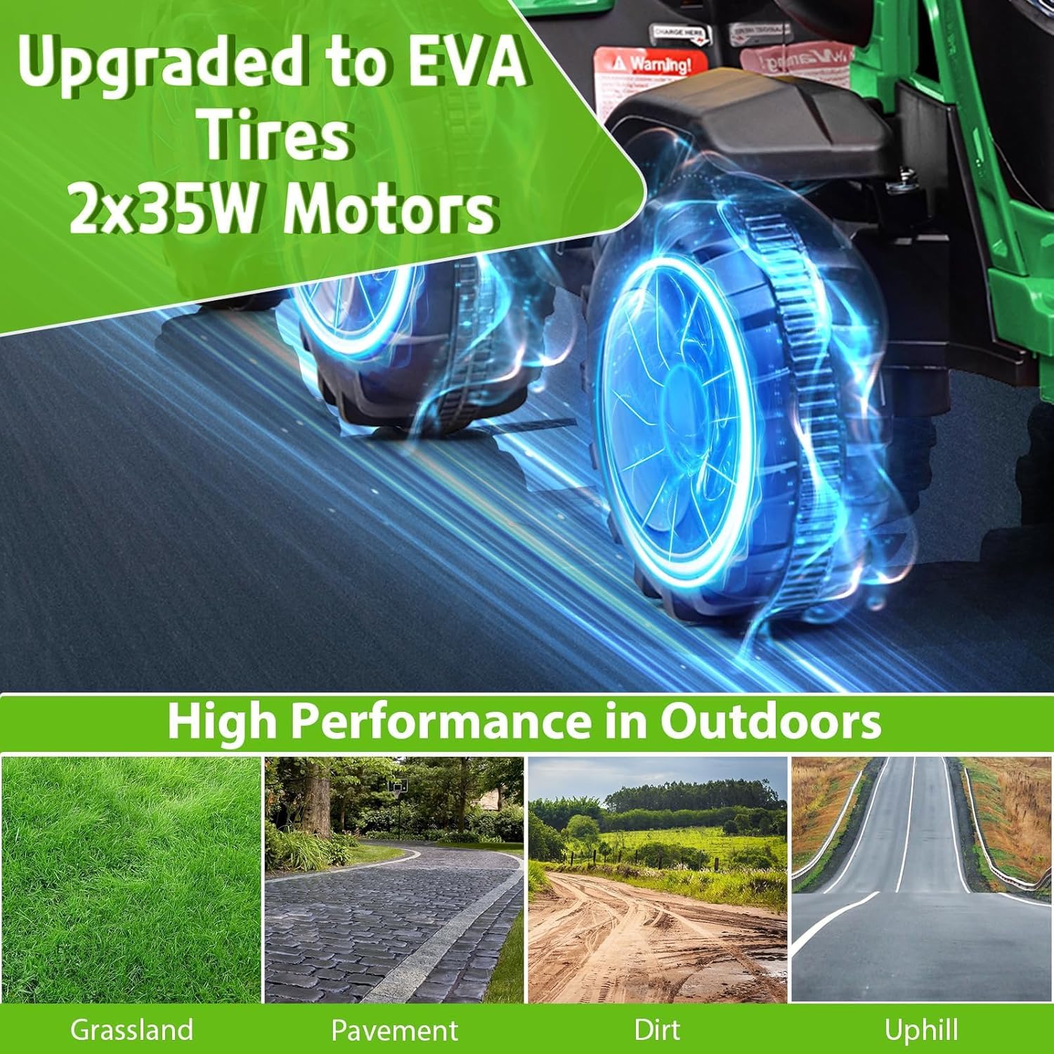 Garvee Ride - P Series: 12V Ride On Car with Trailer, Battery Powered Electric Vehicle Toy 35W Dual Motor, Led Lights, Horn, Music USB, Safety Belt, Green