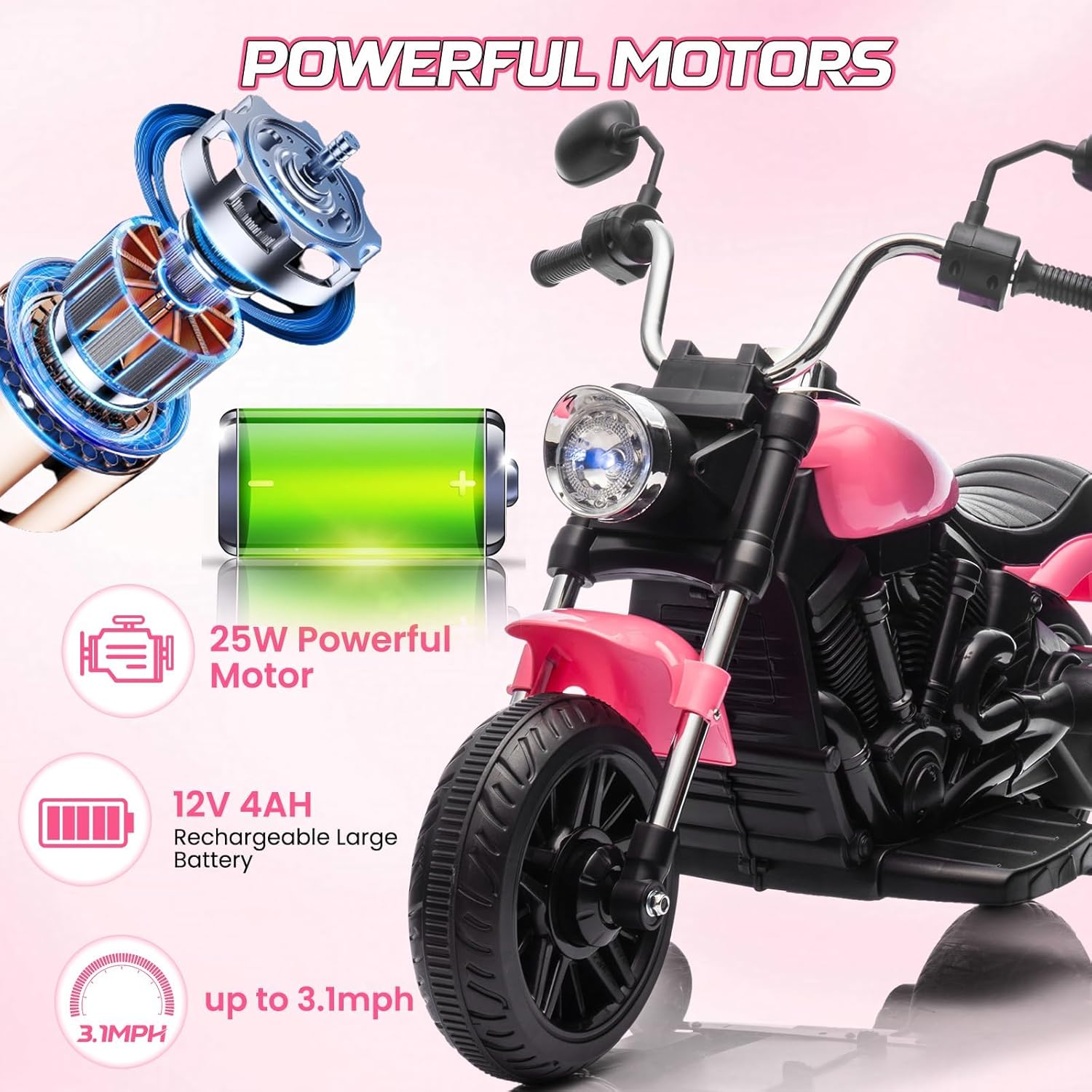 Garvee Ride - P Series: 12V Electric Motorcycle for Kids with Detachable Training Wheels, Soft Start, Reverse, Headlight, Horn, Music, Red, Toddler Ride-On Toy