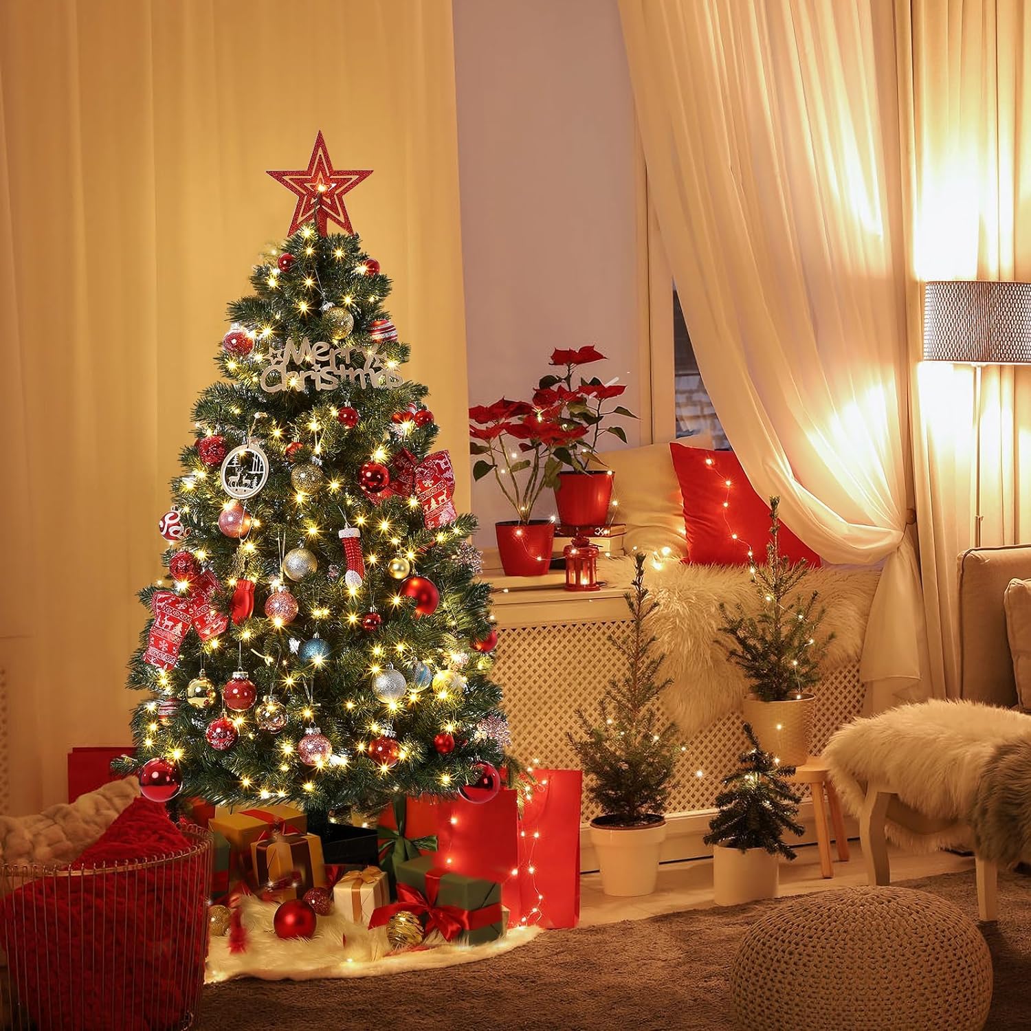 Garvee 4.5ft Christmas Tree with 300 LED Lights, 8 Lighting Modes, Pre-Lit Artificial Fiber Optic Xmas Tree, Potted Christmas Tree Decoration for Home, Office, and Hallways