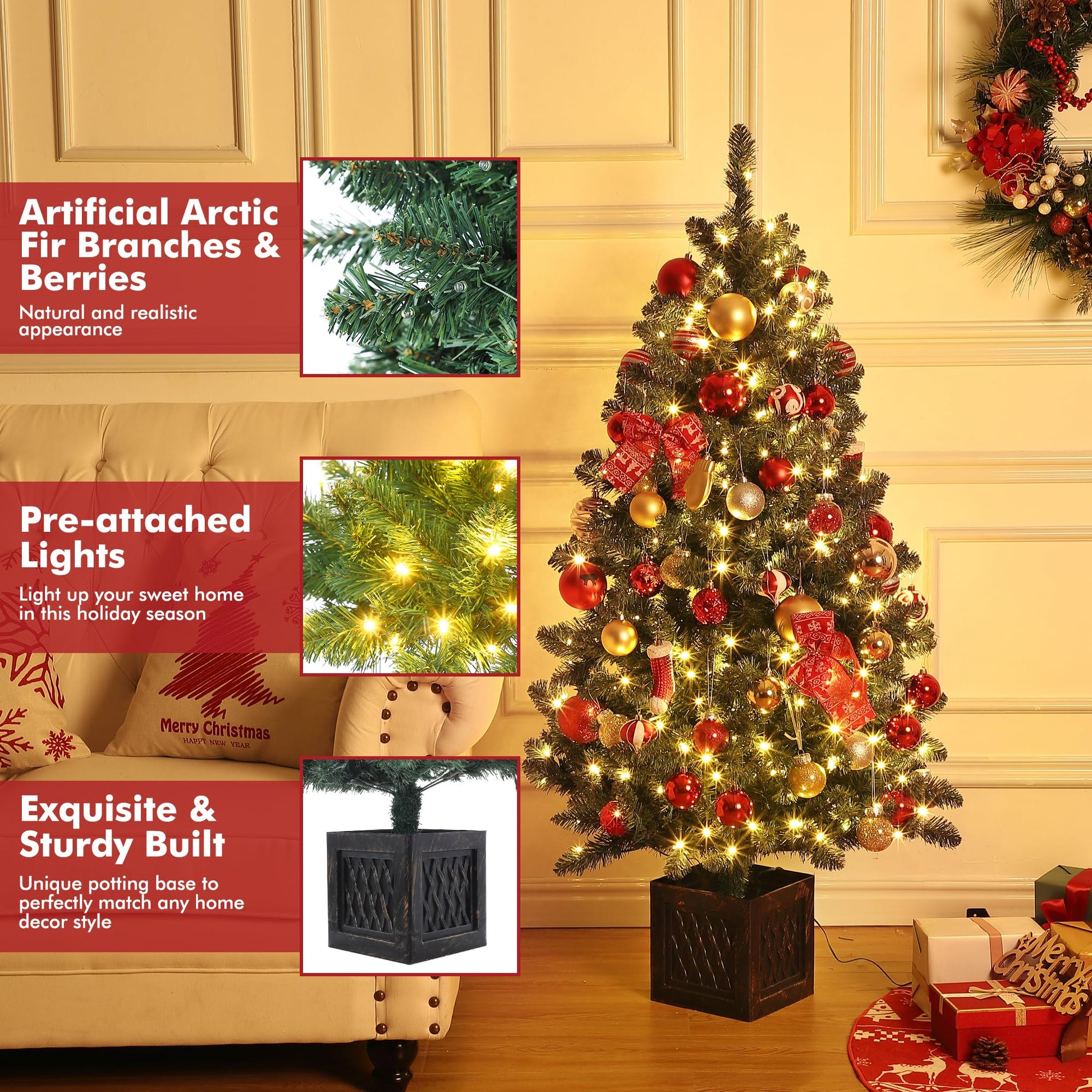 Garvee 4.5ft Christmas Tree with 300 LED Lights, 8 Lighting Modes, Pre-Lit Artificial Fiber Optic Xmas Tree, Potted Christmas Tree Decoration for Home, Office, and Hallways - 2 PCS