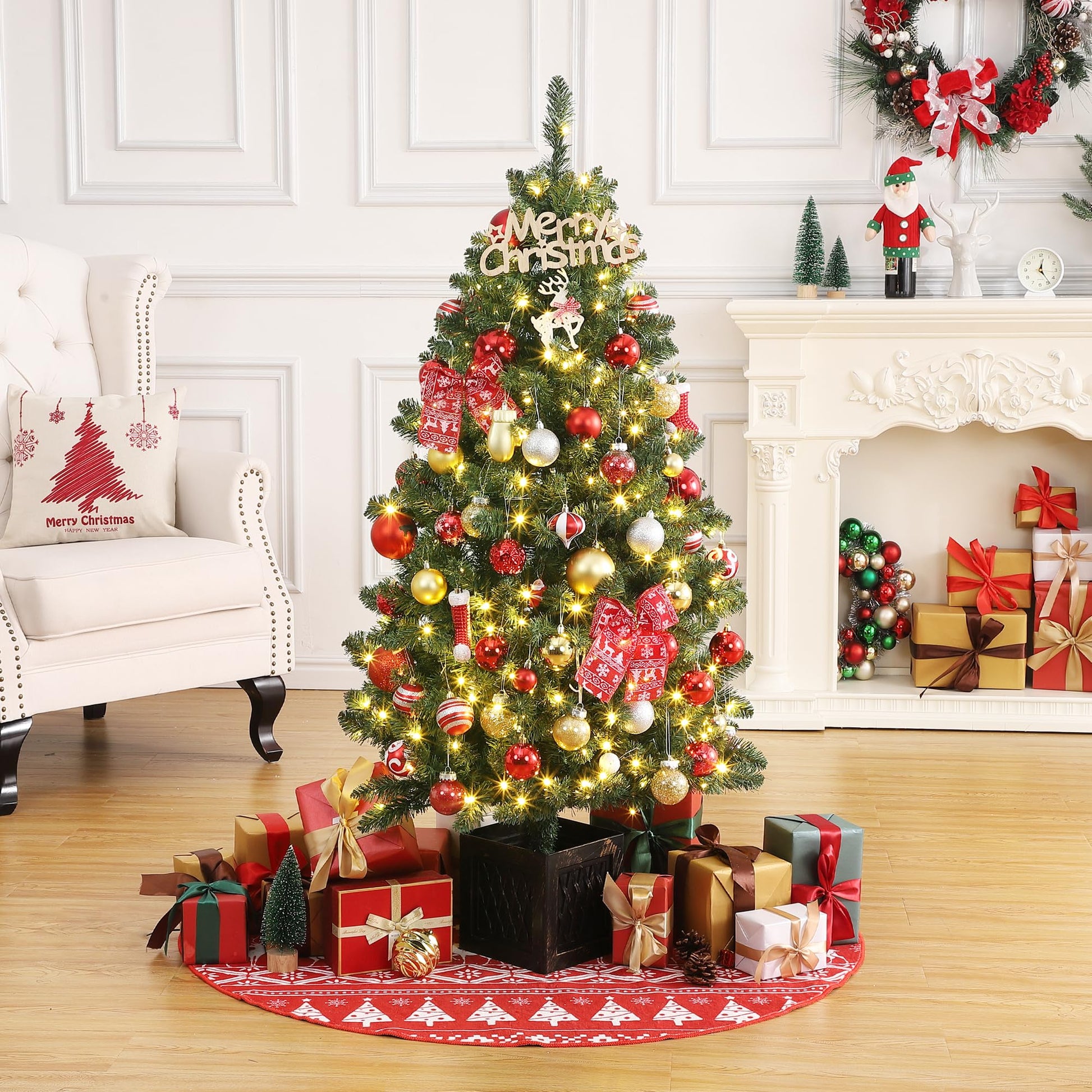 Garvee 4.5ft Christmas Tree with 300 LED Lights, 8 Lighting Modes, Pre-Lit Artificial Fiber Optic Xmas Tree, Potted Christmas Tree Decoration for Home, Office, and Hallways