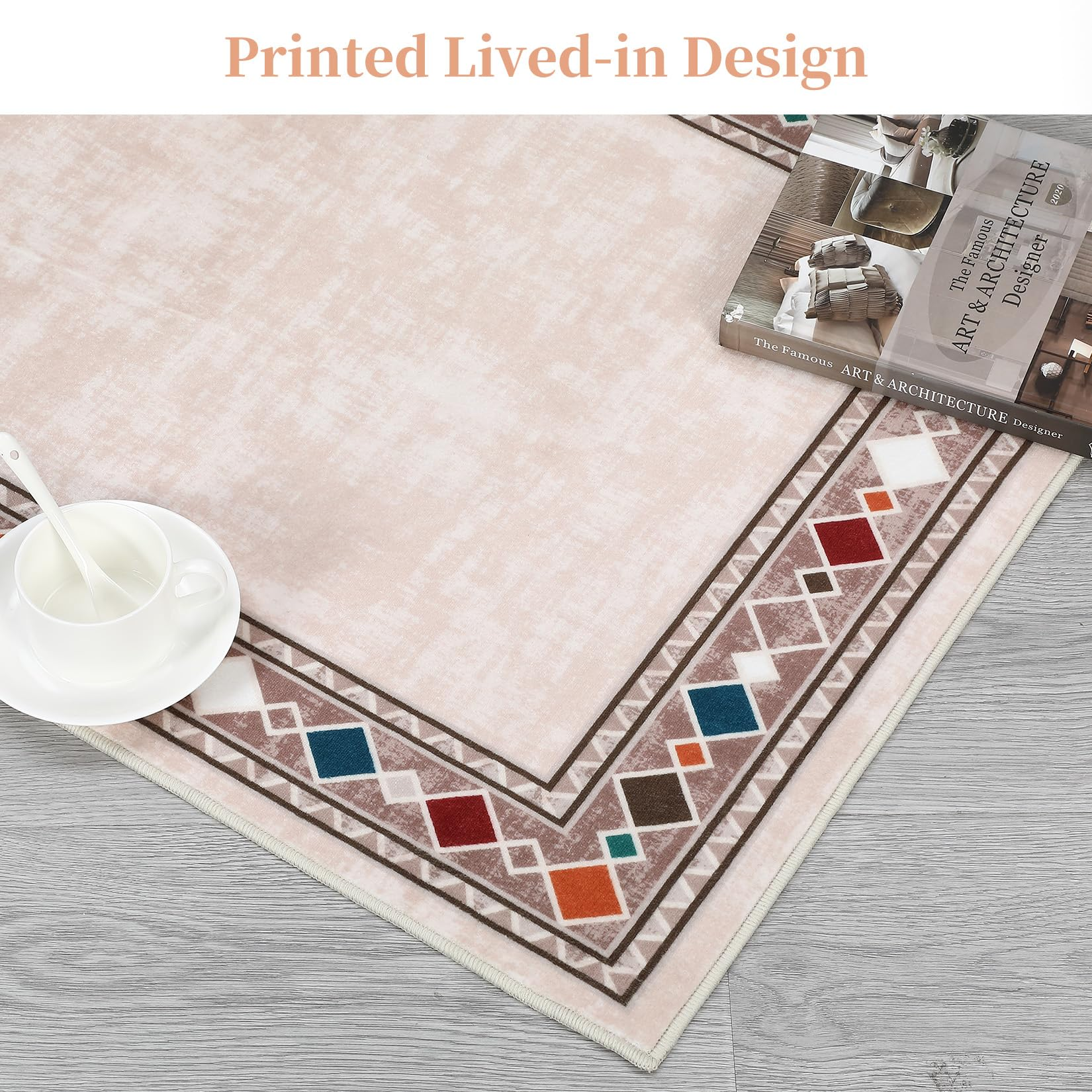 Garvee Bordered Beige 2x6 Washable Runner Rug - Soft, Non-Slip, Stain Resistant Carpet for Hallways, Entryway, Bedroom