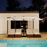 Garvee 15' × 9' Double-Sided Patio Umbrella with Base, 36 Solar LED Lights, UPF50+ Waterproof Rectangle Outdoor Market Umbrella for Pool Deck Backyard - Beige