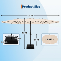 Garvee 15'×9' Double-Sided Patio Umbrella with Base, UPF50+ Rectangular Outdoor Market Umbrella with Crank Lift for Poolside, Deck & Backyard, Beige