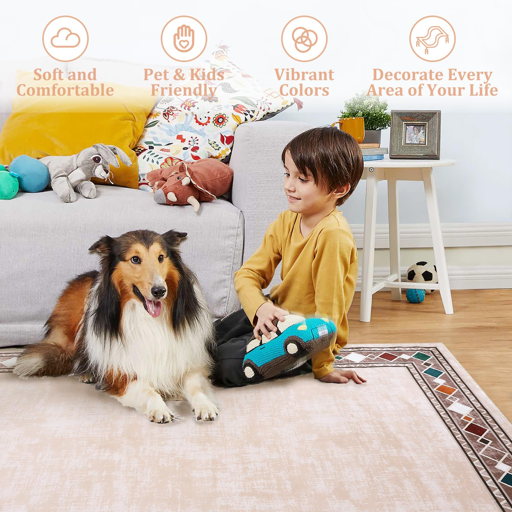 Garvee Bordered Beige 5x7 Machine Washable Low-Pile Area Rug with Non-Slip TPR Backing, Non-Shedding Polyester, Vintage Oriental Pattern, Beige, Ideal for Living Room Bedroom