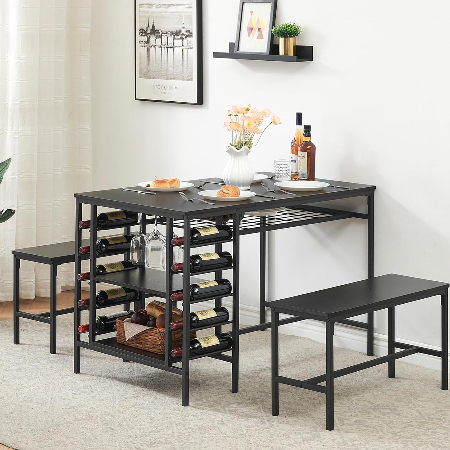 Garvee Dining Table Set for 4, Rectangular Kitchen Table Set with 2 Benches, Wine Rack and Glass Holder, 3 Piece Dining Table Set for Small Space Apartment, Black