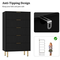 Garvee 5 Drawers Dresser for Bedroom, Fluted Dresser Chest of Drawers with Handle, Wood Modern Dressers for Closet, Bedroom Furniture Storage Organizer for Living Room, Hallway, Black