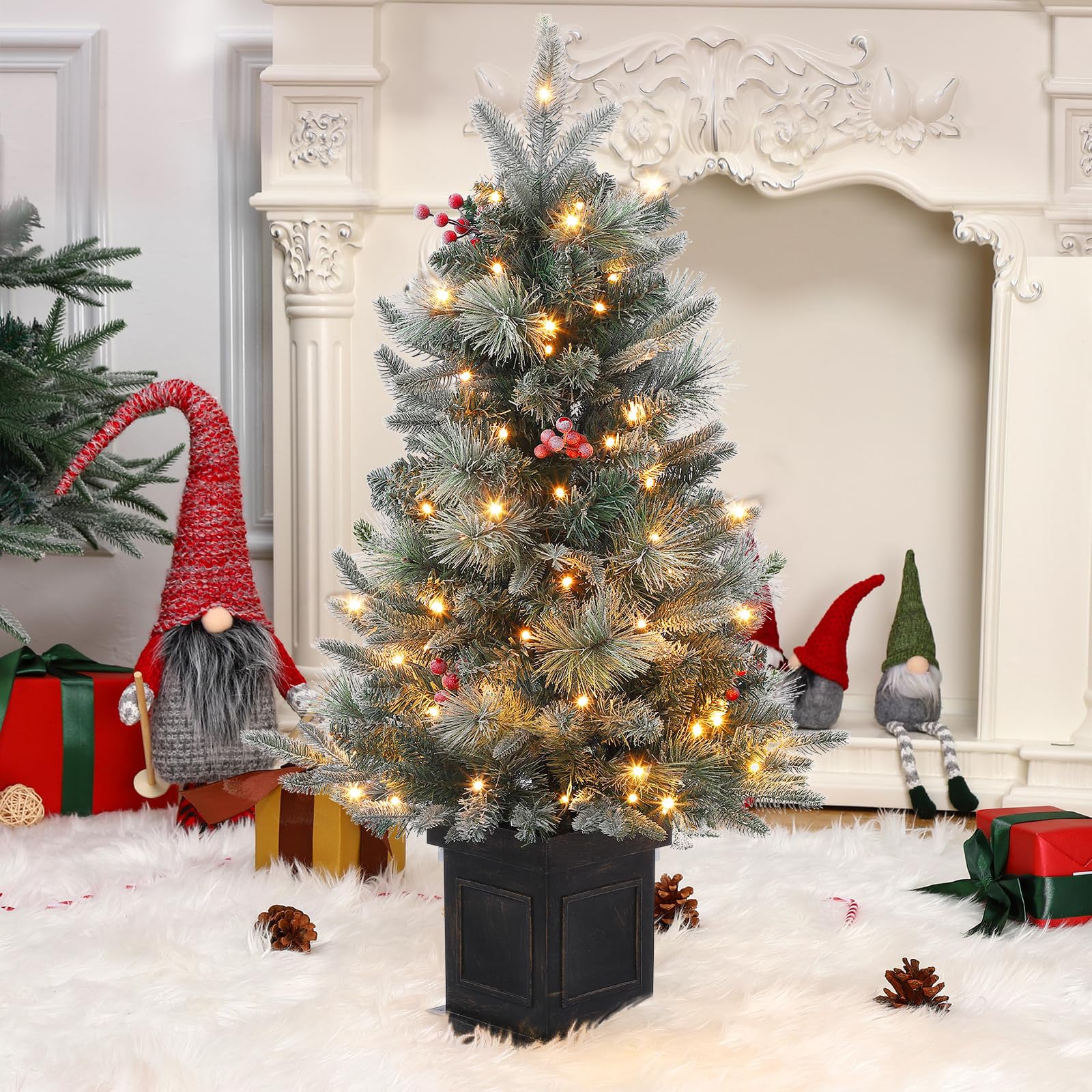 Garvee 3ft Prelit Premium Snow Flocked Artificial Christmas Tree with 8 Mode Warm White Led, Mini Lighted Xmas Pine Tree for Christmas Decoration,Yard, Home, Office, Outdoor, Indoor(2 PCS)