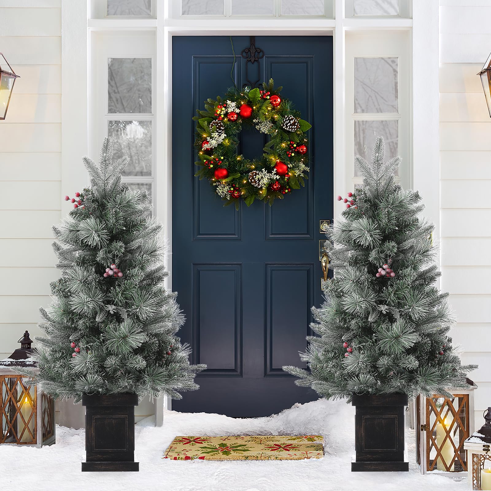 Garvee 3ft Prelit Premium Snow Flocked Artificial Christmas Tree with 8 Mode Warm White Led, Mini Lighted Xmas Pine Tree for Christmas Decoration,Yard, Home, Office, Outdoor, Indoor(2 PCS)