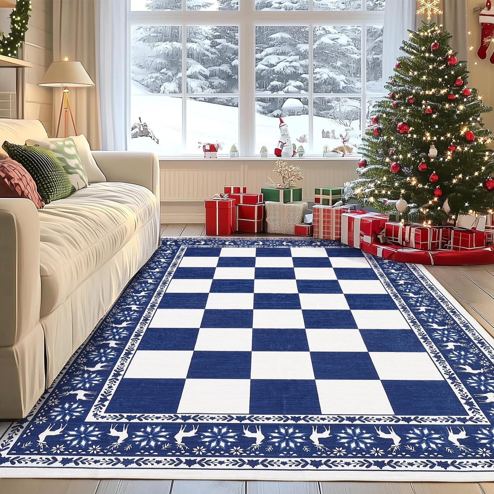 Garvee Blue 5x7 Area Rugs for Living Room, Washable Non Slip Checkered Christmas Decor Rug, Soft Low Pile Carpet for Bedroom and Dining Room