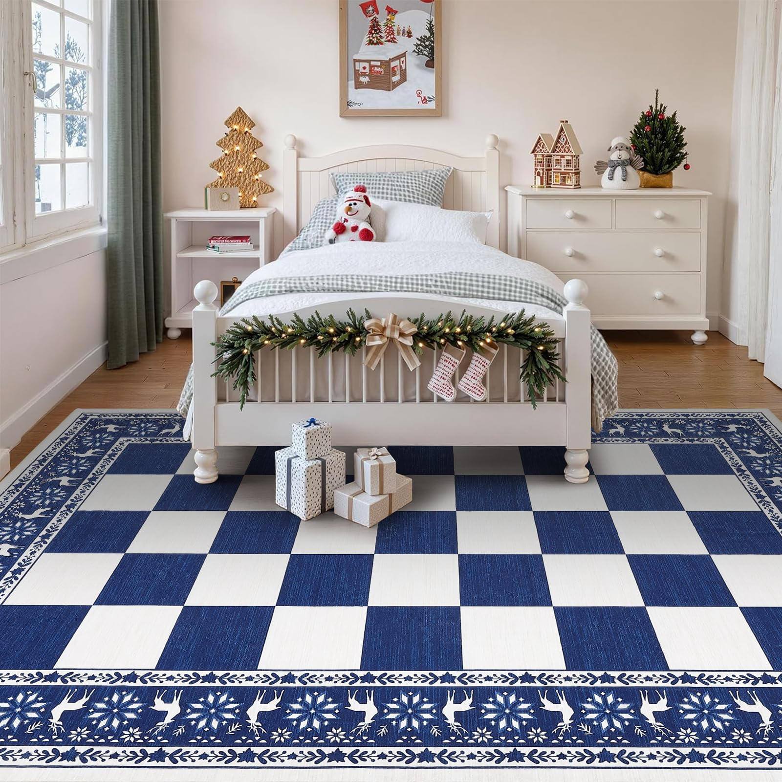 Garvee Blue 5x7 Area Rugs for Living Room, Washable Non Slip Checkered Christmas Decor Rug, Soft Low Pile Carpet for Bedroom and Dining Room