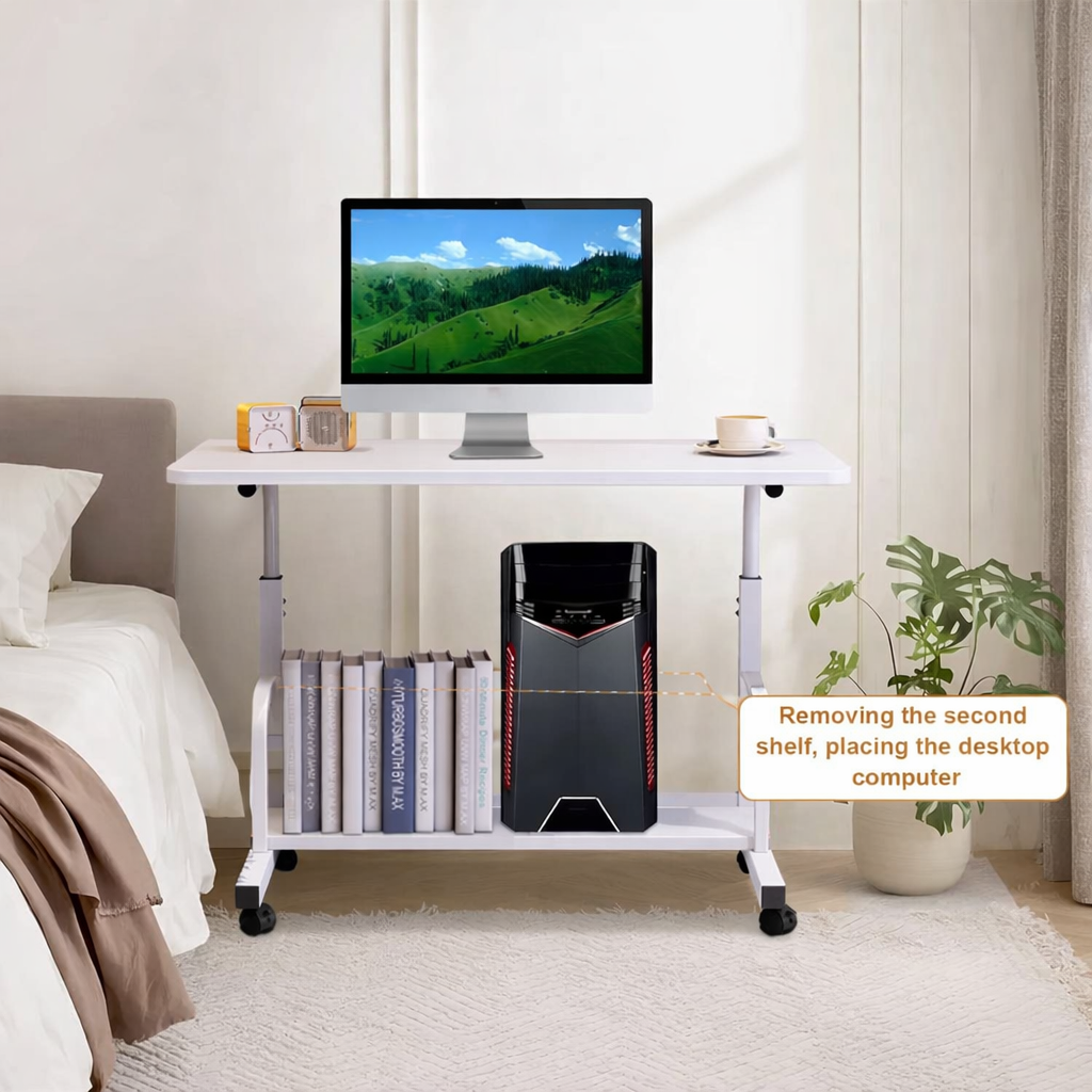 Garvee Adjustable Height Mobile Standing Desk, Portable Bedside Desk with Storage Shelves, Compact Laptop Desk for Home Office, Study, Small Spaces, Bedroom, White, 31.5"x15.7"
