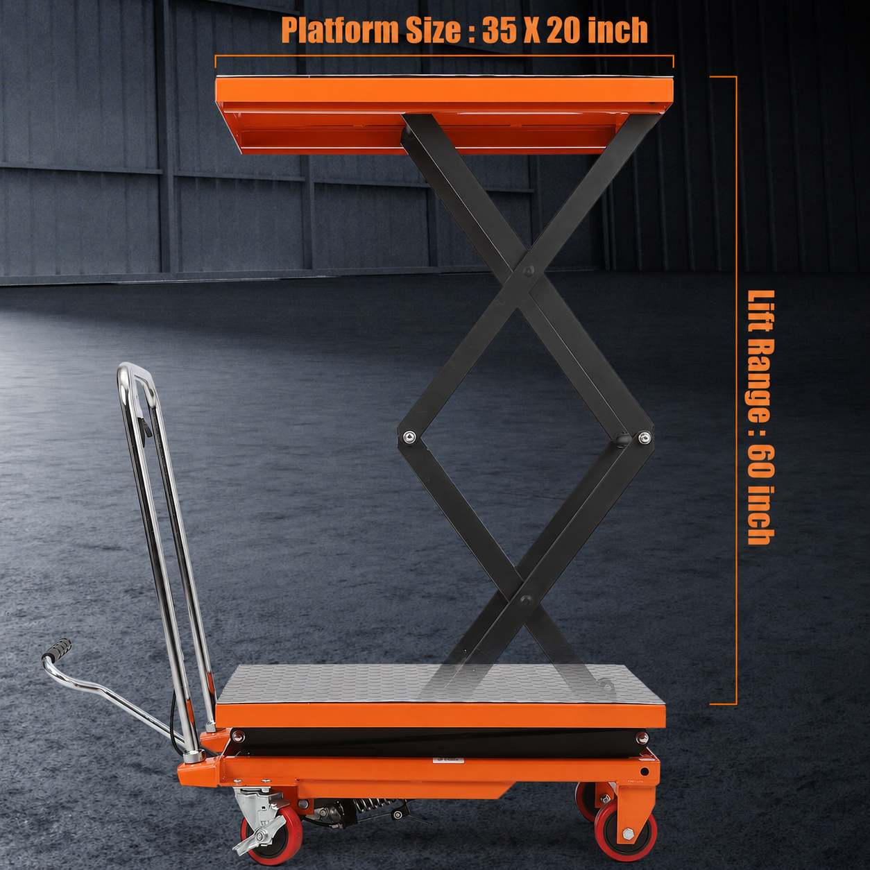 Garvee 770 lb Hydraulic Scissor Lift Table Cart, 60" Max Height Double Scissor Platform, Orange