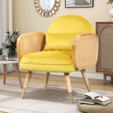 Garvee Modern Upholstered Dining Chairs with Metal Legs and Rattan Armrests, Velvet Cushion, Natural Color, Comfortable Seating