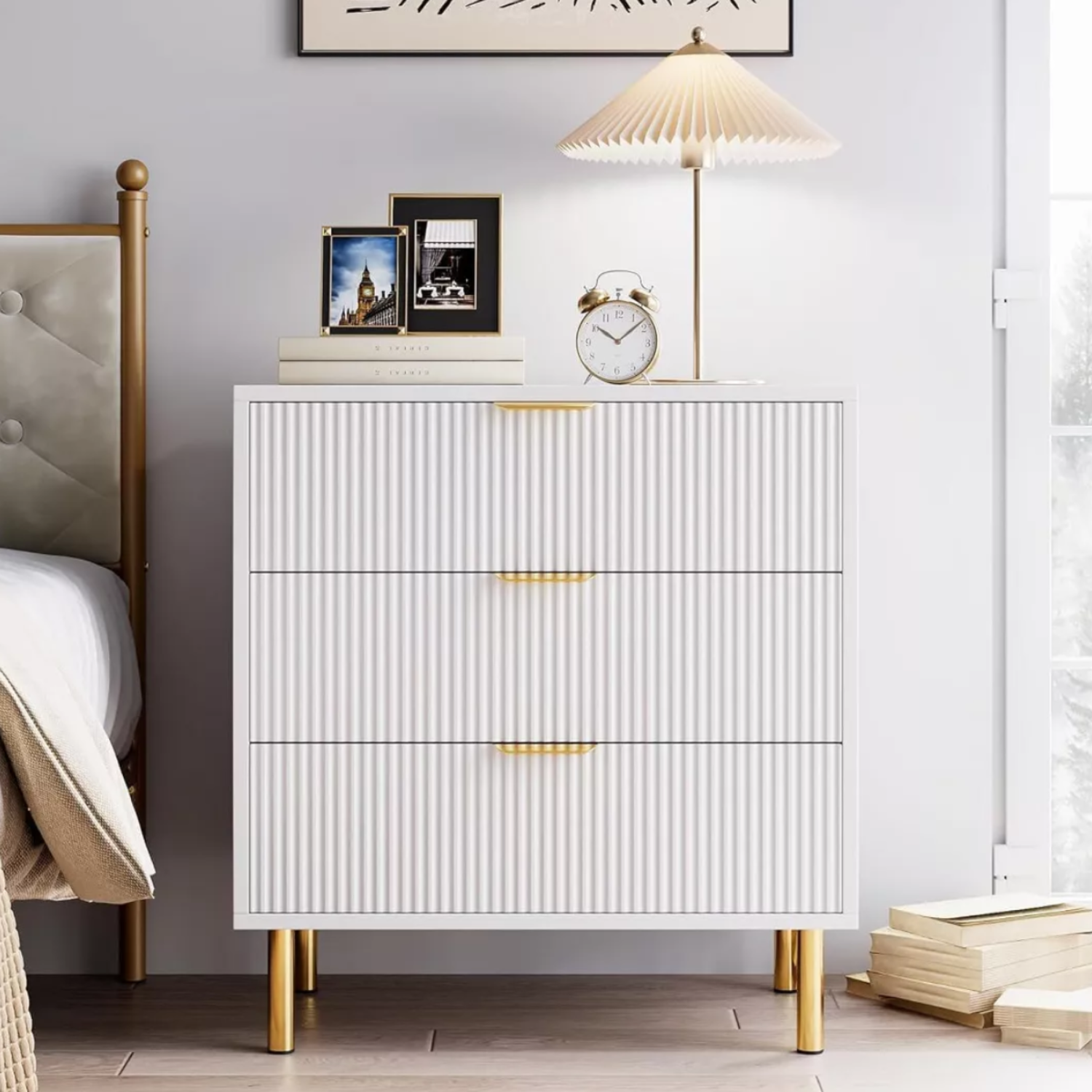 Garvee 3 Drawer Dresser for Bedroom, Modern Wood Storage Chest with Gold Metal Handles, Anti-Tipping Design, Large Nightstand Organizer for Entryway, Hallway, Living Room, White
