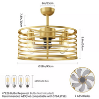 Garvee 18in Caged Ceiling Fan With Light, Ceiling Fan Low Profile th Remote Control and Reversible Fan Blades, Industrial Farmhouse Fan Lights Ceiling Fixtures For Kitchen Bedroom, Gold