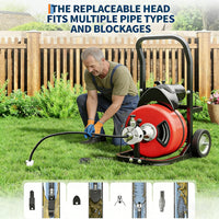 Garvee Drain Cleaner Machine - 75FT x 1/2 Inch Steel Core Cable, 370W Portable Electric Sewer Auger with Cutters, Air-Activated Foot Switch, and Wheels for Commercial and Home Use