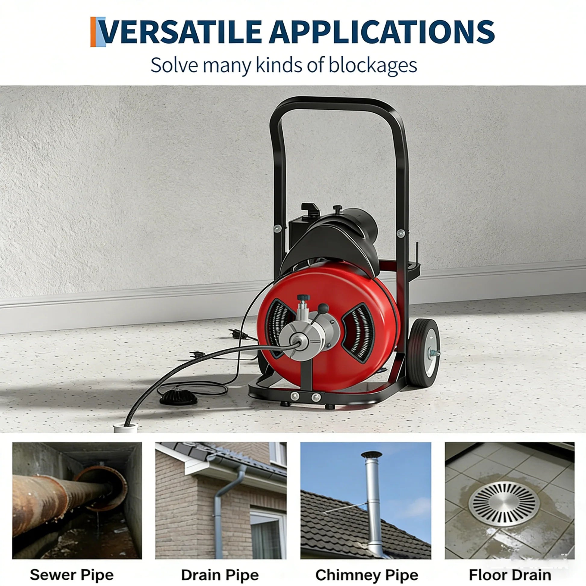 Garvee Drain Cleaner Machine 100FT x 1/2 Inch Steel Core Cable Portable 370W Electric Sewer Auger with Cutter and Air-Activated Foot Switch for Commercial and Home Use