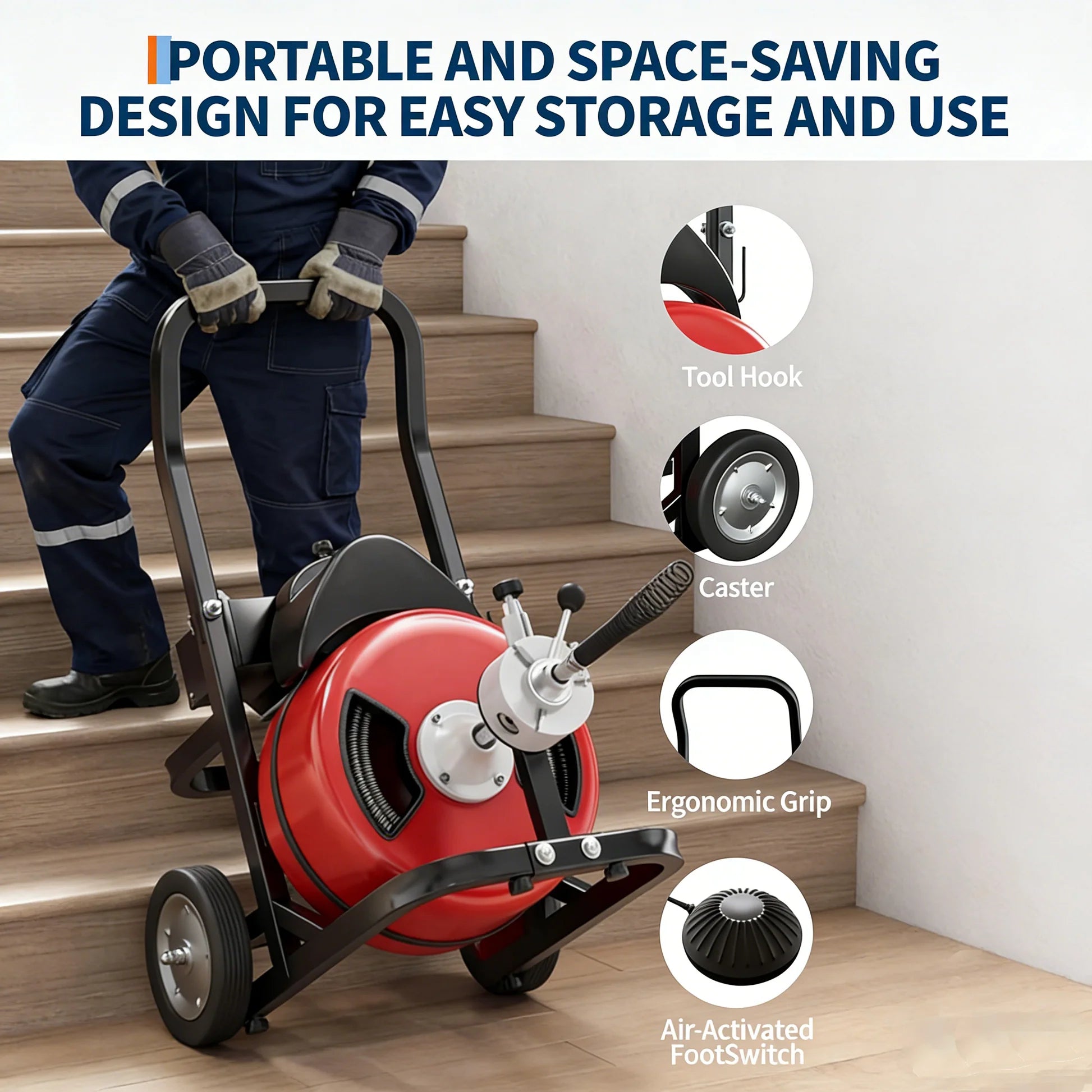Garvee Drain Cleaner Machine 100FT x 1/2 Inch Steel Core Cable Portable 370W Electric Sewer Auger with Cutter and Air-Activated Foot Switch for Commercial and Home Use