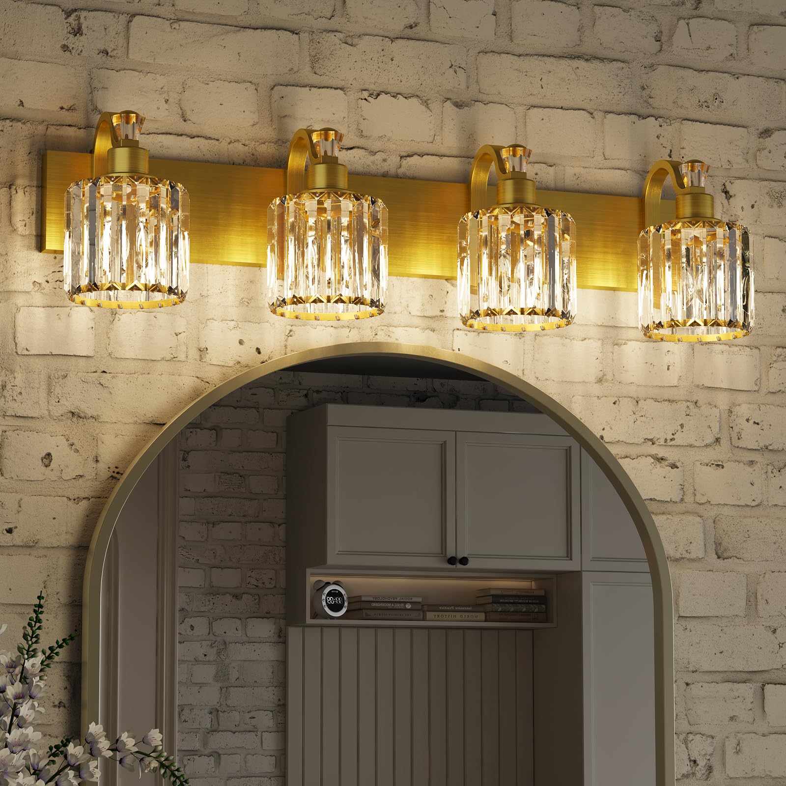 Garvee Gold Modern Crystal Bathroom Vanity Lamp, Mirror Top Light with Crystal Shade, Shower Light Fixture for Bathroom, Bedroom, and Indoor Lighting Decor, 4 Lights
