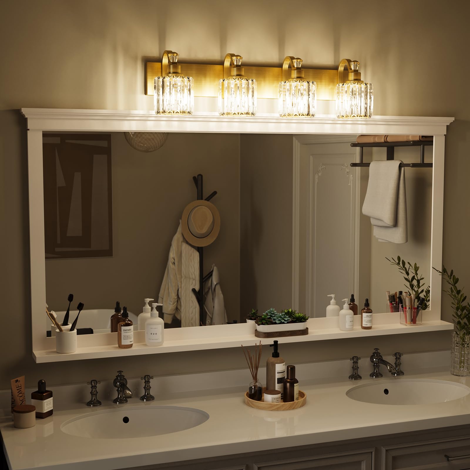 Garvee Gold Modern Crystal Bathroom Vanity Lamp, Mirror Top Light with Crystal Shade, Shower Light Fixture for Bathroom, Bedroom, and Indoor Lighting Decor, 4 Lights