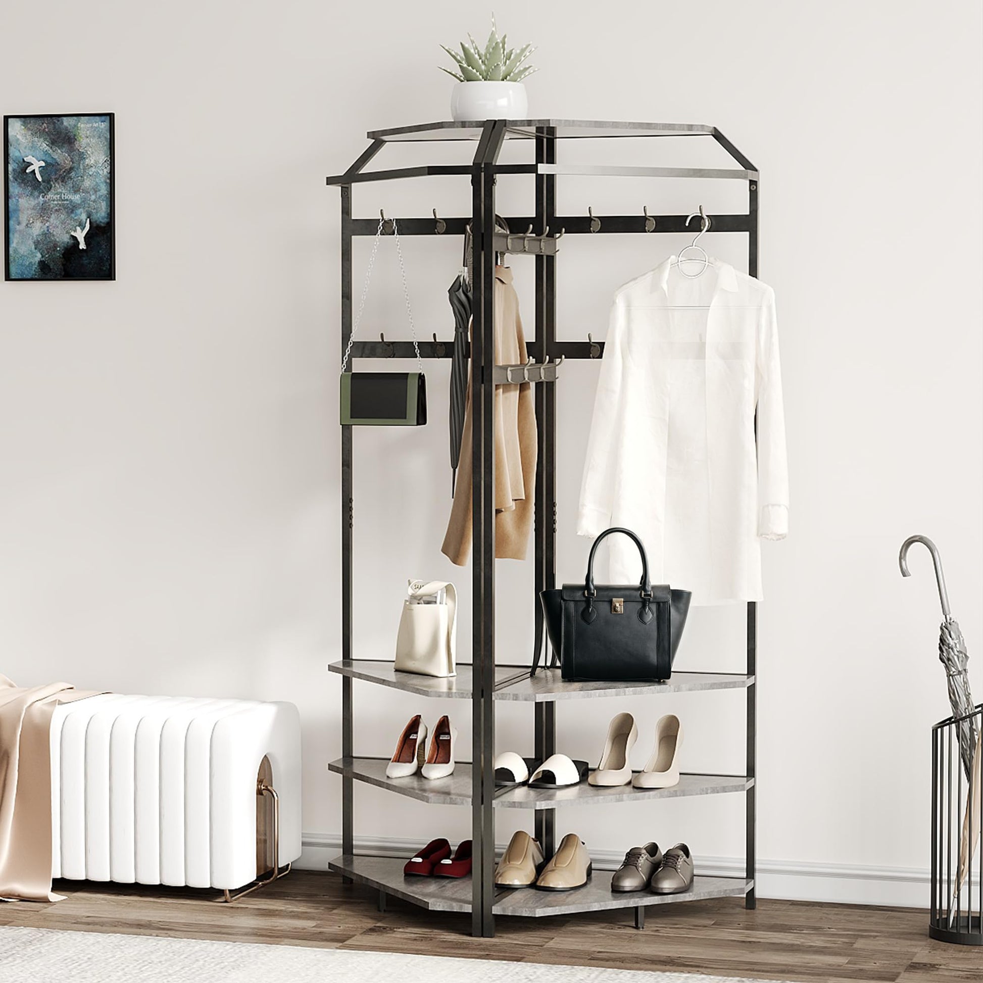 Garvee Corner Hall Tree with Hanging Clothes Rod, Corner Coat Rack - 12 Hooks Corner Clothes Rack with Storage Rack