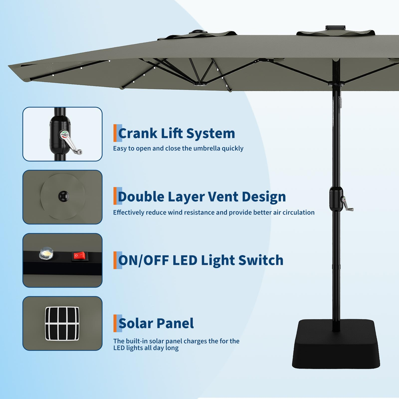 Garvee 15' Solar-Powered Patio Umbrella with 36 LED Lights, Double-Sided Design & Cross Base for Poolside, Deck, Backyard, Grey