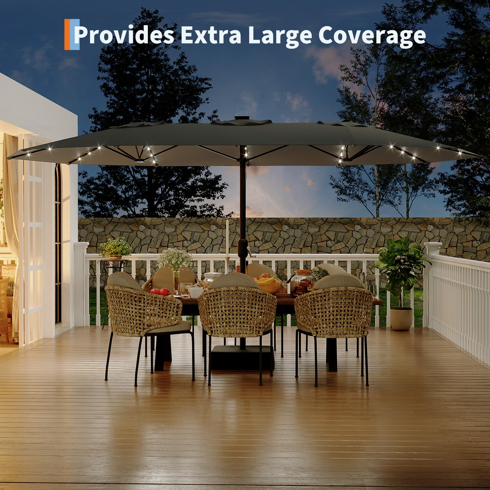 Garvee 15' Solar-Powered Patio Umbrella with 36 LED Lights, Double-Sided Design & Cross Base for Poolside, Deck, Backyard, Grey