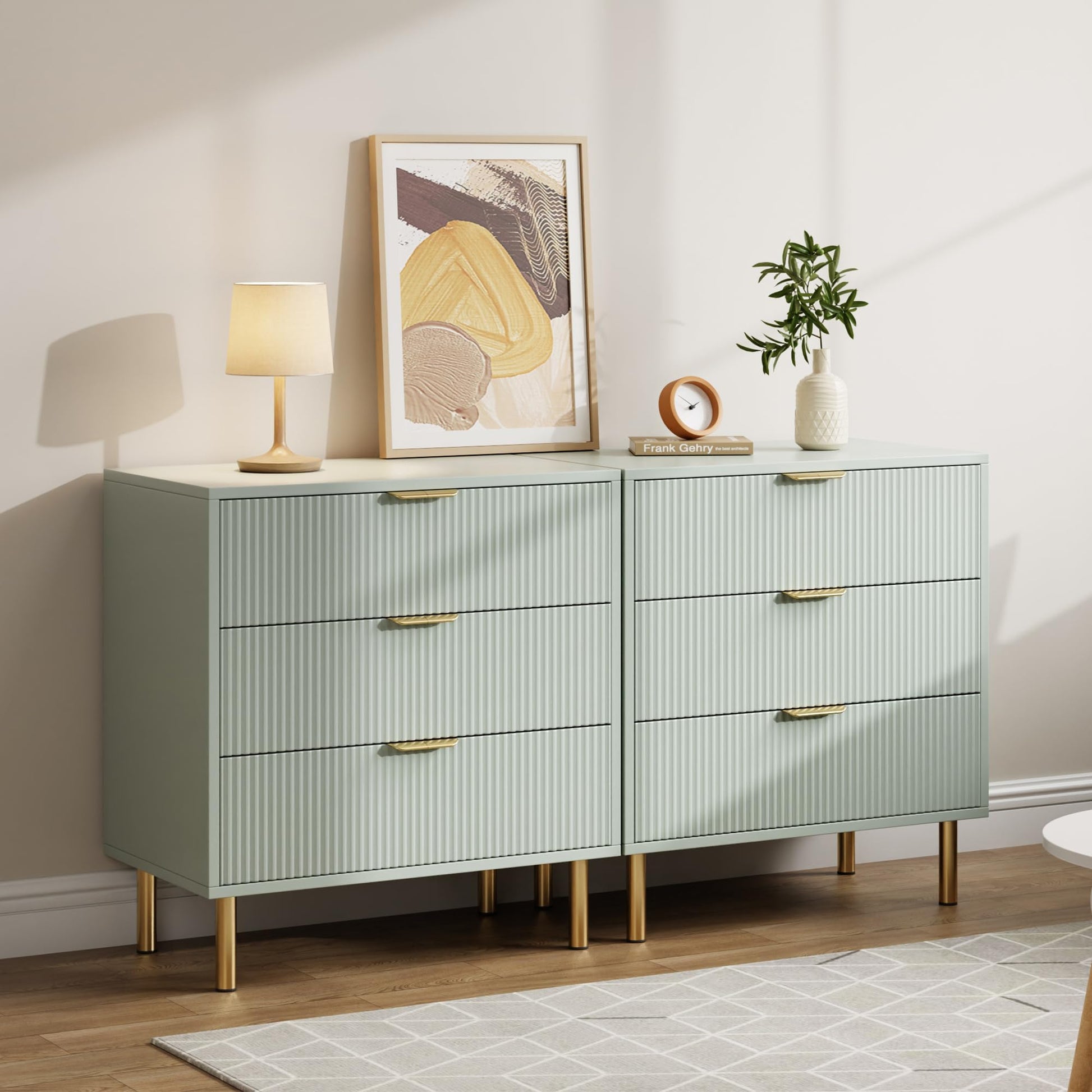 Garvee Green Dresser, Modern 3 Drawers Dresser for Bedroom with Gold Handle and Large Drawer, Wood Double Chest of Drawers and Storage Organizer for Living Room, Hallway, Entryway