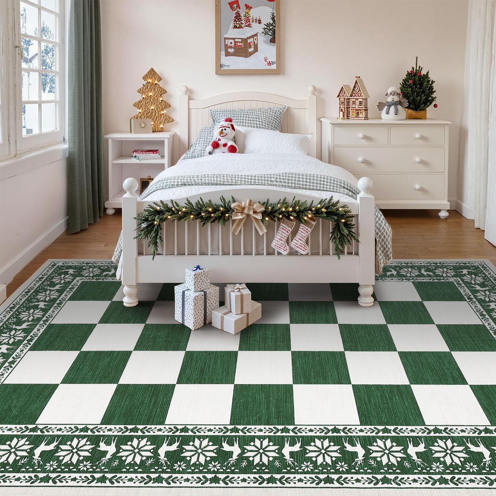 Garvee Green Area Rugs 9x12 Washable Non Slip Checkered Soft Low Pile Christmas Rug for Living Room Bedroom Dining Room