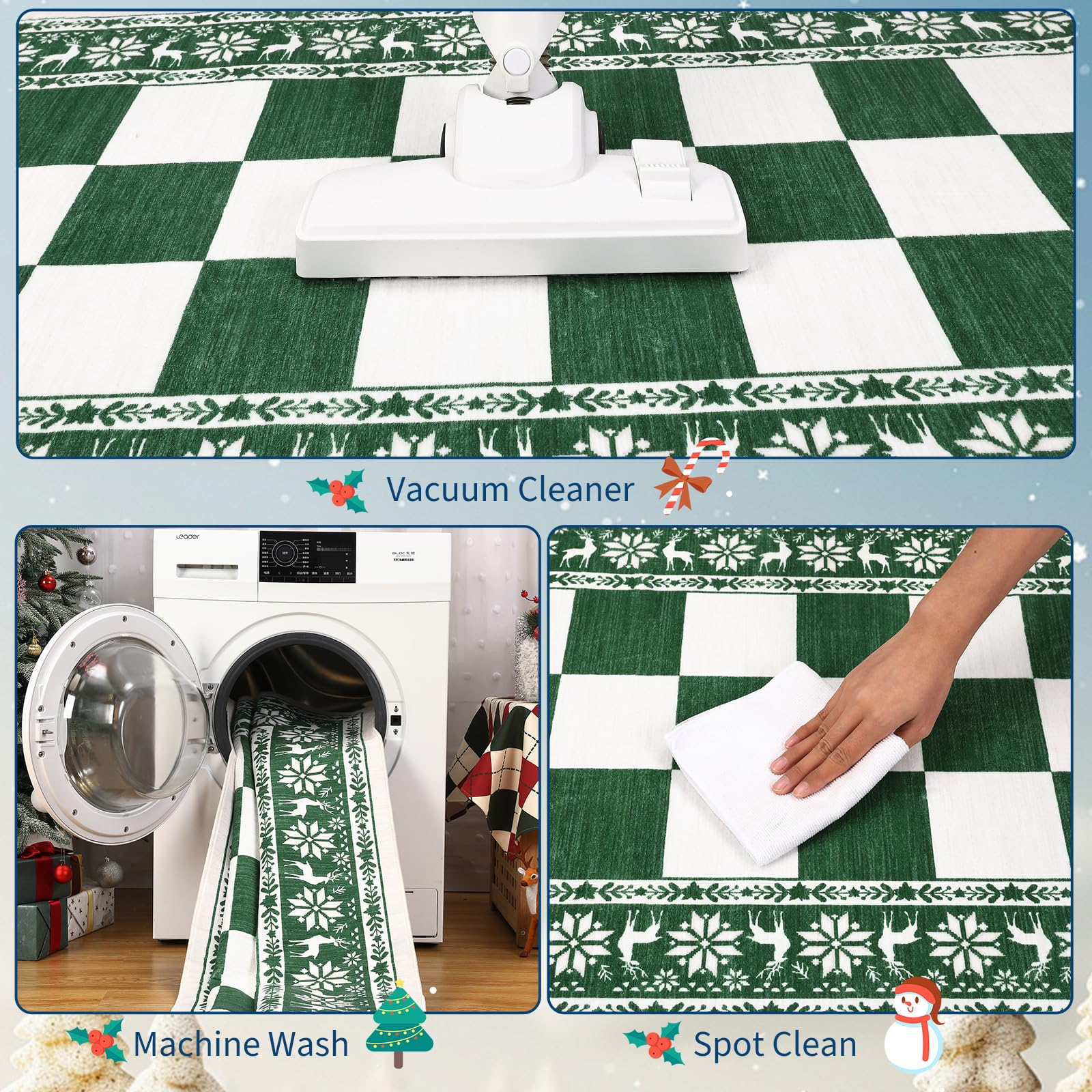 Garvee Green Area Rugs 9x12 Washable Non Slip Checkered Soft Low Pile Christmas Rug for Living Room Bedroom Dining Room