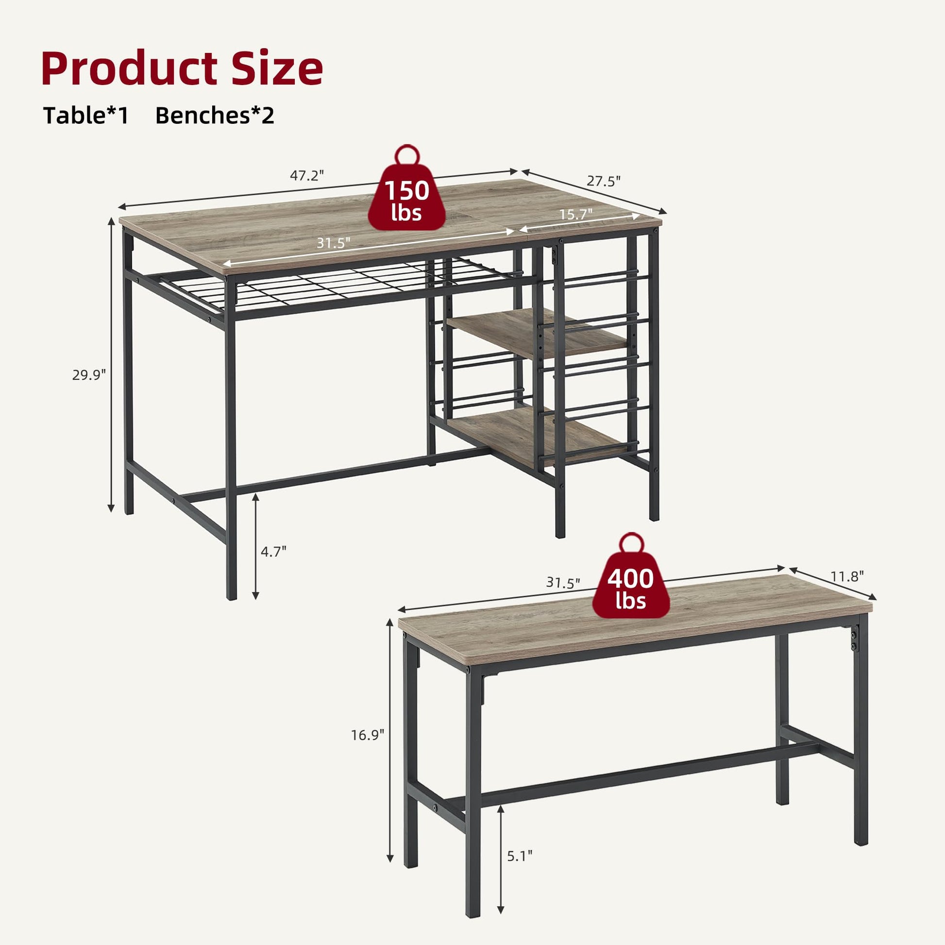 Garvee Dining Table Set for 4, Rectangular Kitchen Table Set with 2 Benches, Wine Rack and Glass Holder, 3 Piece Dining Table Set for Small Space Apartment, Grey
