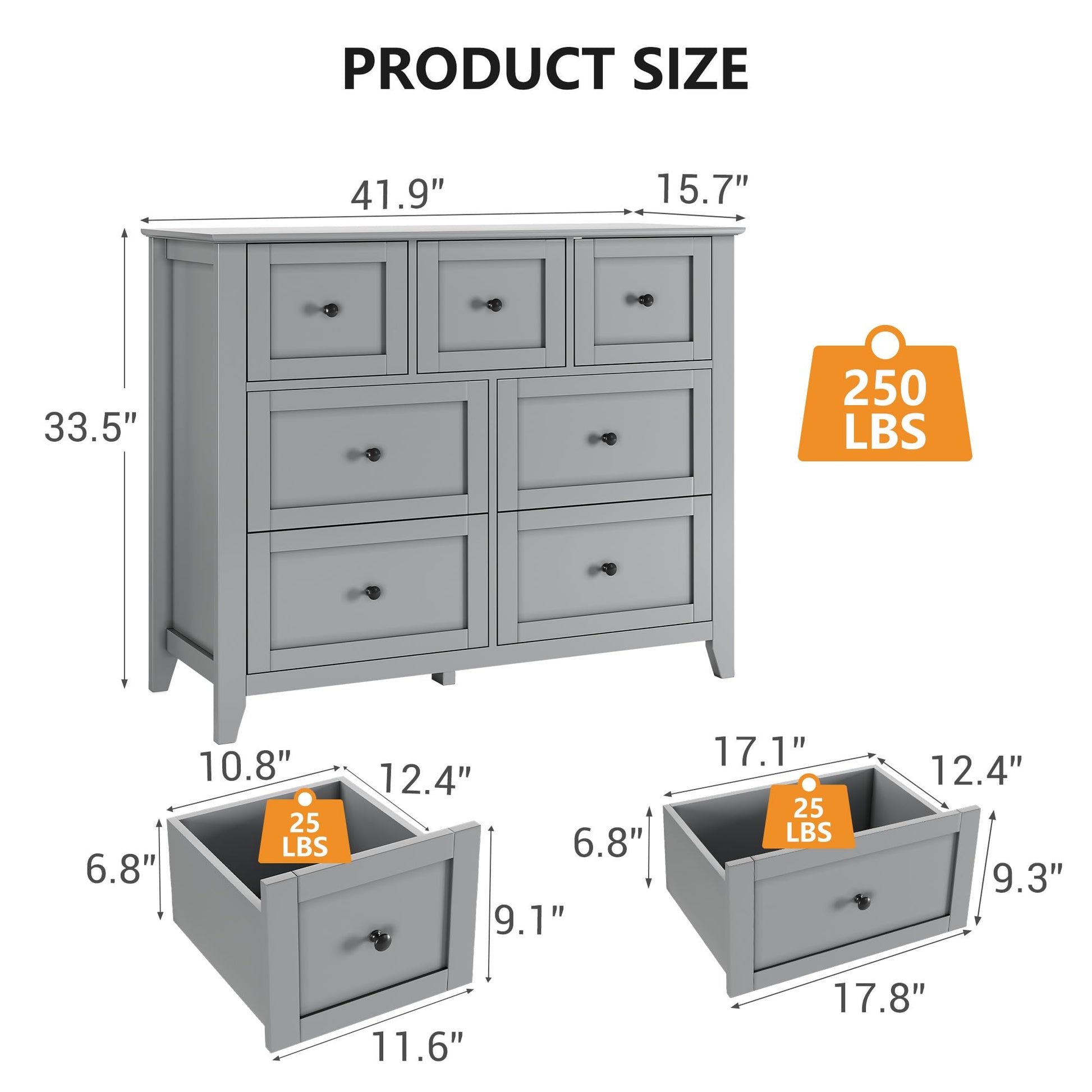 Garvee 7 Chest of Drawer Dresser, Modern and Stylish Dresser, Deep Drawers and Nickel Round Handle, Wood Organizer Dresser with Ample Storage Space for Bedroom, Living Room, Entryway, Gray