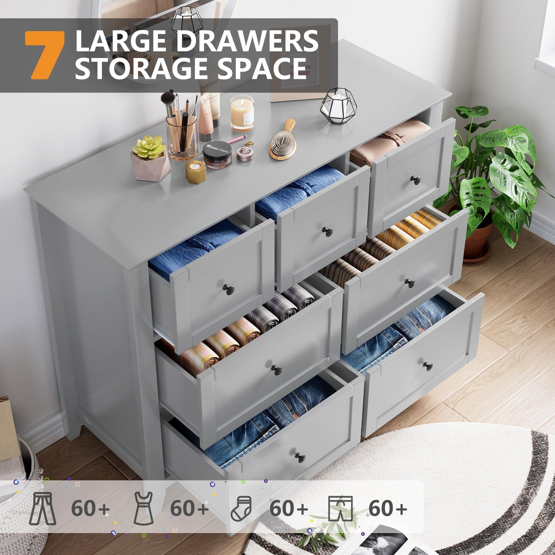 Garvee 7 Chest of Drawer Dresser, Modern and Stylish Dresser, Deep Drawers and Nickel Round Handle, Wood Organizer Dresser with Ample Storage Space for Bedroom, Living Room, Entryway, Gray