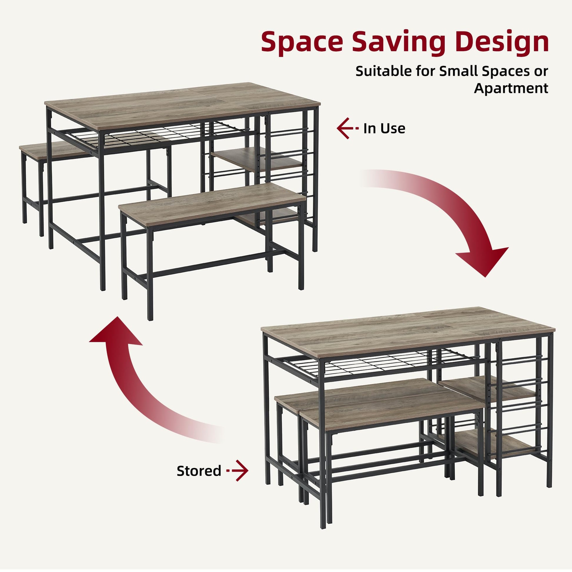 Garvee Dining Table Set for 4, Rectangular Kitchen Table Set with 2 Benches, Wine Rack and Glass Holder, 3 Piece Dining Table Set for Small Space Apartment, Grey