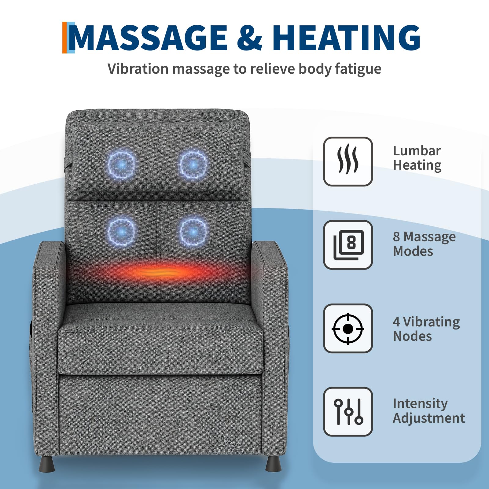 Garvee Power Recliner Chair with Massage & Heat, Adjustable Electric Recliner, Ergonomic Overstuffed Tall Back, Padded Seat, USB Port, Side Pockets, for Home Theater & Living Room, Grey
