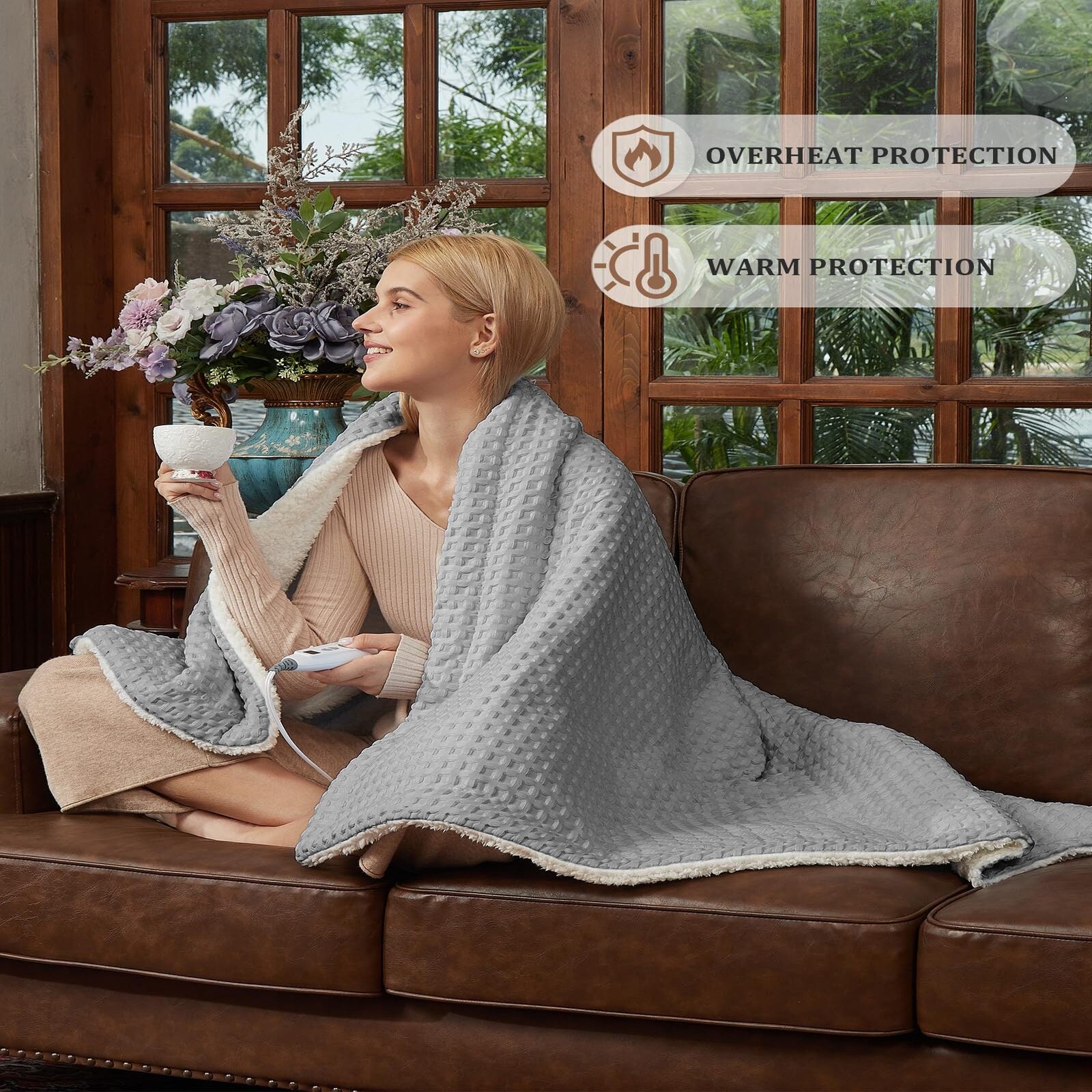 Garvee Heated Blanket Twin Size, Waffle Weave Electric Throw Blanket Fast Heating with LCD Controller, 10 Heat Levels & 1-12H Time Settings Auto Off, ETL Certified, Grey, 62" x 84"