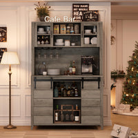 Garvee 70'' Wine Coffee Bar Cabinet with Storage Hutch, Tall Kitchen Pantry Liquor Cabinet with Sliding Barn Doors, Bottle Glasses Rack, Farmhouse Buffet for Home Dining Room, Grey
