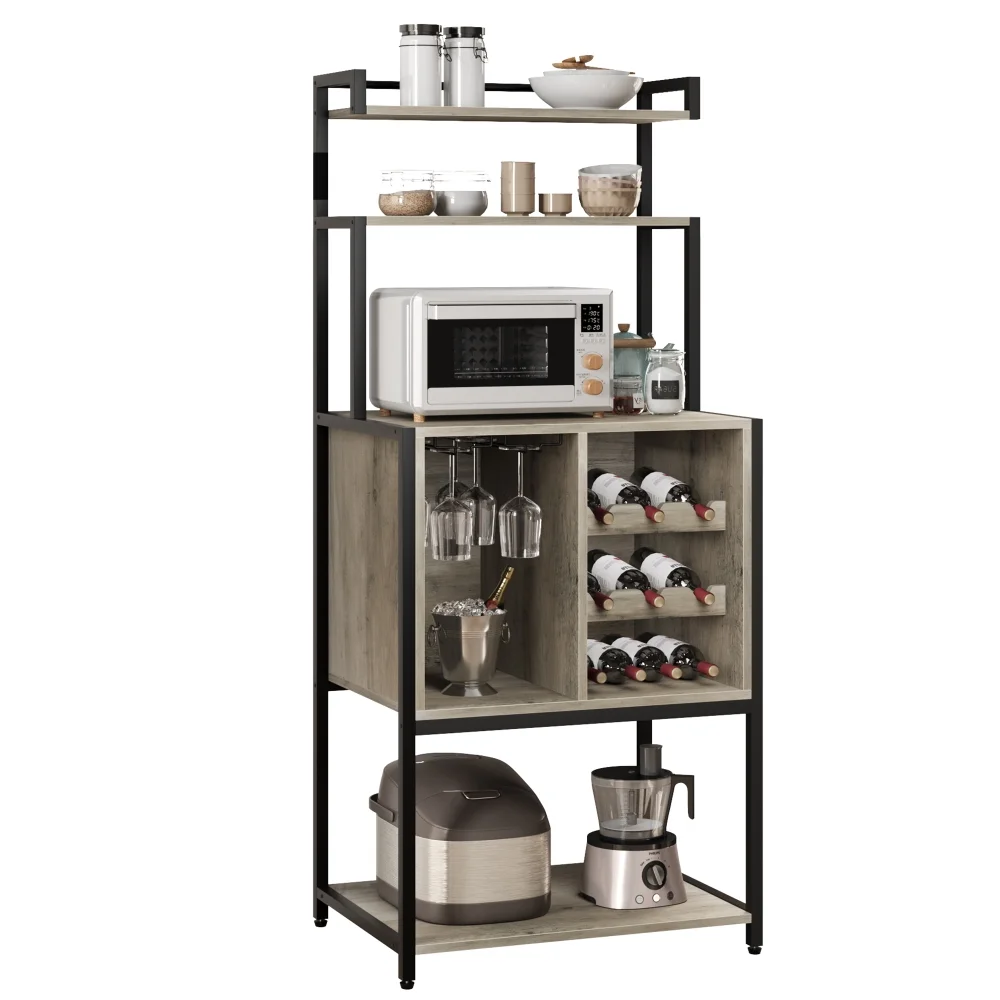 Garvee 5-Tier Wine Baker Rack with Glass Holder & Wine Storage, Standing Metal Organizer Shelf Industrial Wine Display Shelf Wine Bar Cabinet for Dining Room Bar (Grey)