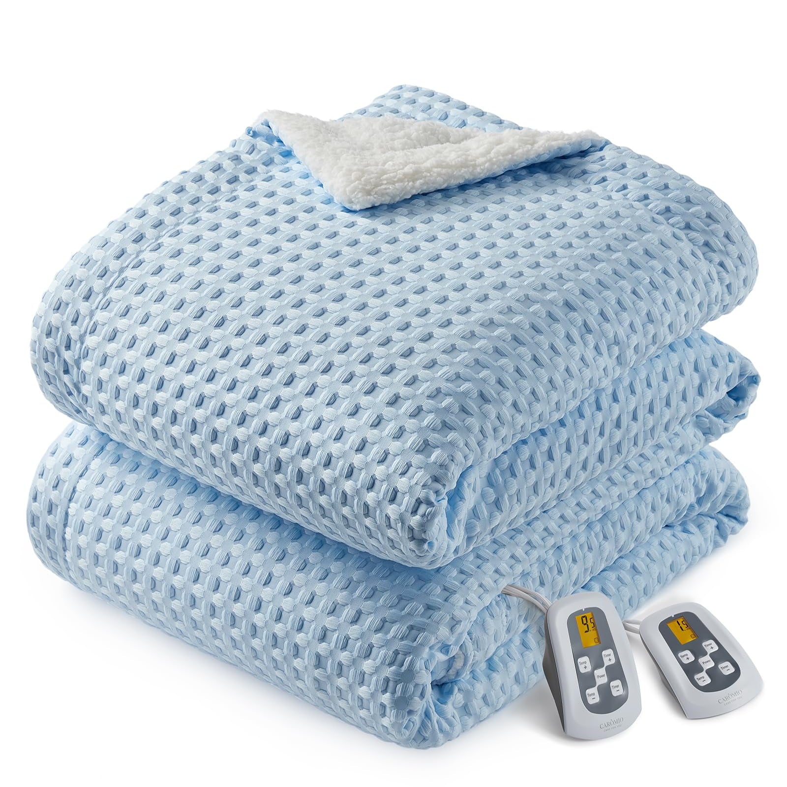 Garvee Heated Blanket Queen Size with LCD Dual Controller, Waffle Weave Fast Heating Electric Blankets, 10 Heat Levels & 1-12H Time Settings, ETL Certified, Machine Washable, Light Blue, 84" x 90"