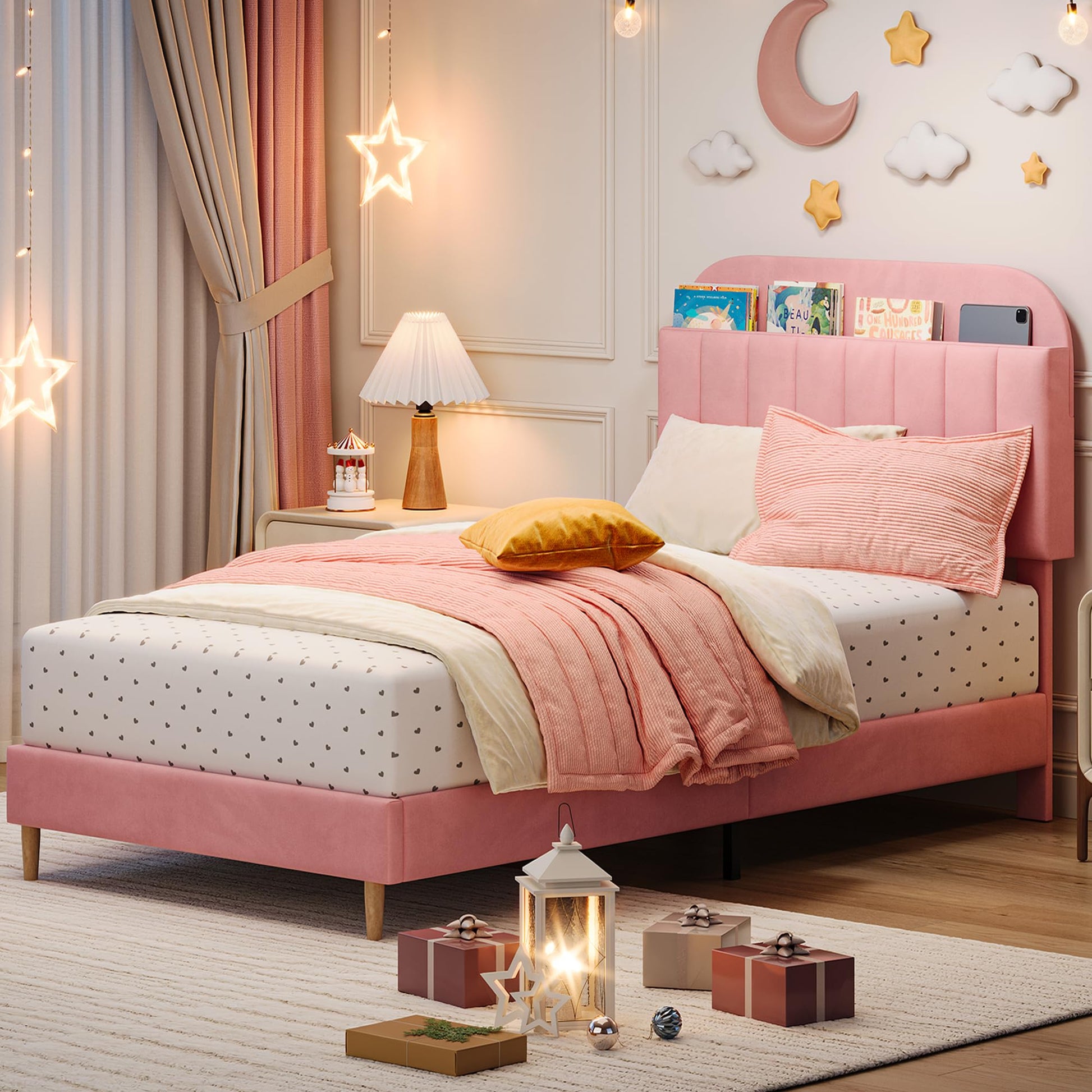 Garvee Twin Bed Frame with Drawer, Velvet Upholstered Platform Bed Frame with Storage Headboard, No Box Spring Needed, Easy Assembly, Noise-Free, Pink