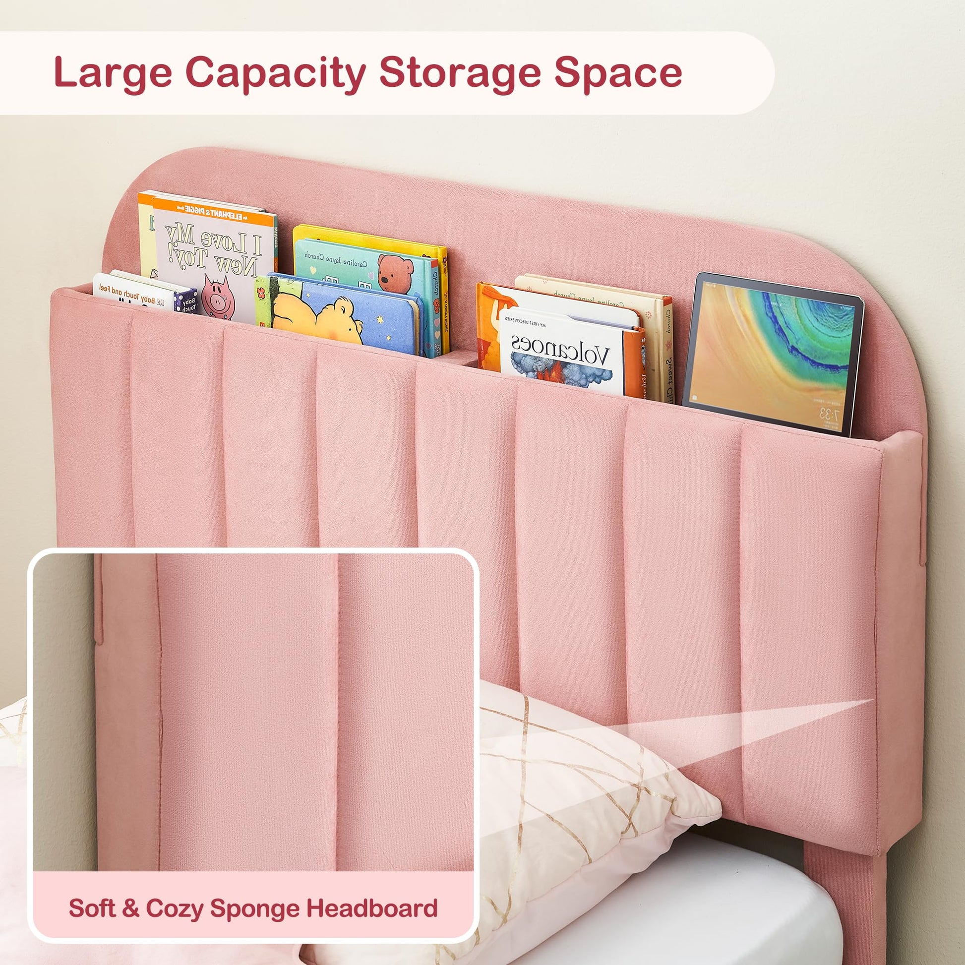Garvee Twin Bed Frame with Drawer, Velvet Upholstered Platform Bed Frame with Storage Headboard, No Box Spring Needed, Easy Assembly, Noise-Free, Pink